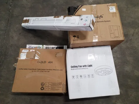 PALLET OF ASSORTED PRODUCTS INCLUDING CEILING FAN WITH LIGHT, COFFEE TABLE, FISHING ROD, RETRACTABLE SAFETY GATE, COUNTERTOP REVERSE OSMOSIS SYSTEM 