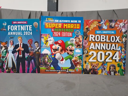 BOX OF APPROXIMATELY 10 ASSORTED BOOKS TO INCLUDE FORNITE 2024 ANNUAL, THE ULTIMATE GUIDE TO SUPER MARIO & NINTENDO 2024 EDITION, ROBLOX 2024 ANNUAL, ETC