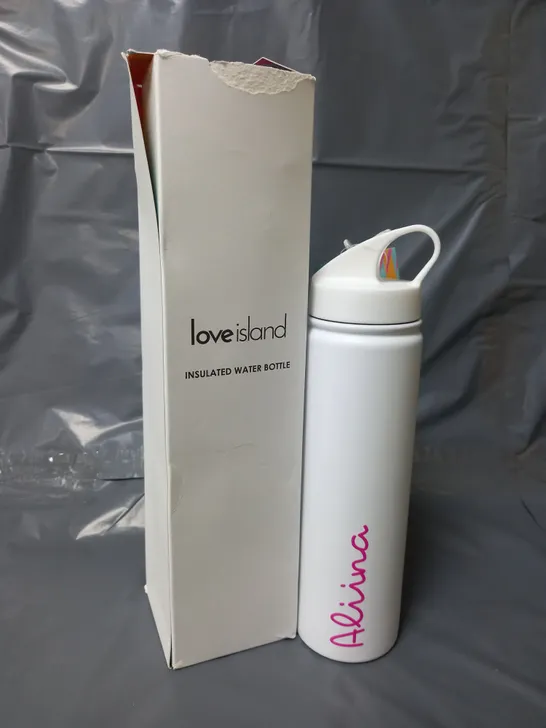 BOXED LOVE ISLAND INSULATED WATER BOTTLE IN WHITE ('ALIINA')