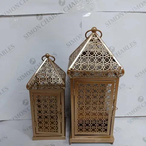 ALISON CORK SET OF INDOOR/ OUTDOOR FRETWORK METAL LANTERNS GOLD