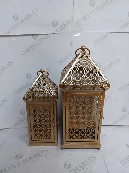 ALISON CORK SET OF INDOOR/ OUTDOOR FRETWORK METAL LANTERNS GOLD