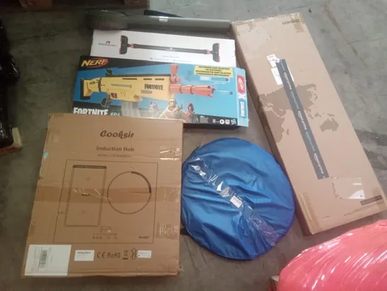 PALLET OF ASSORTED ITEMS INCLUDING COOKSIR INDUCTION HOB, POP UP SPORTS TENT, RHINOSPORT PULL UP BAR, HOMIDEC PLANT STAND, NERF FORTNITE FOAM BLASTER, MAX CATCH FISHING POLE 