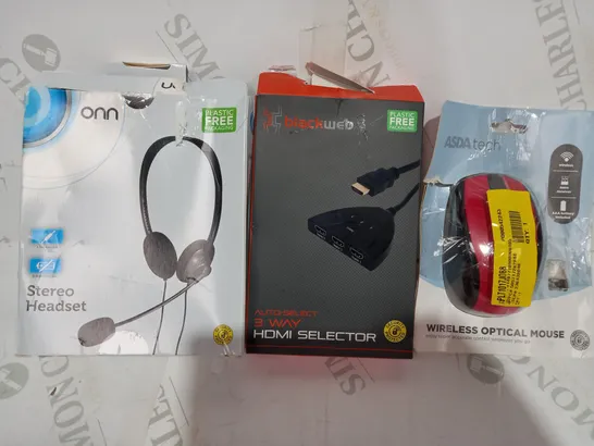 BOX OF APPROXIMATELY 20 ASSORTED HOUSEHOLD ITEMS TO INCLUDE ONN STEREO HEADSET, BLACKWEB 3-WAY HDMI SELECTOR, ASDA TECH WIRELESS OPTICAL MOUSE, ETC