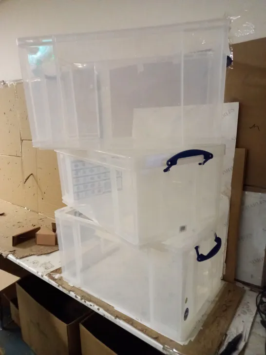 REALLY USEFUL 84L CLEAR PLASTIC STORAGE BOXES [3 BOXES, 1 LID]