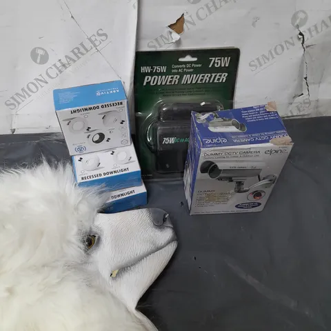 BOX OF ASSORTED ITEMS TO INCLUDE DOG PARTY MASK - DUMMY CCTV CAMERA - POWER INVERTER 