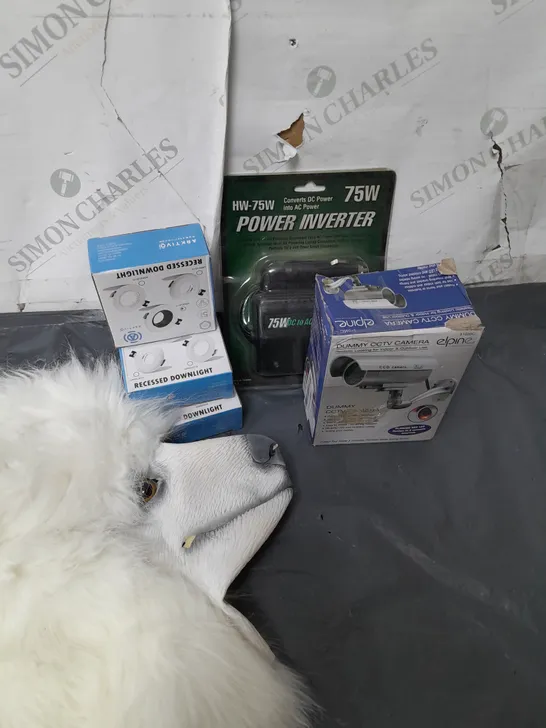 BOX OF ASSORTED ITEMS TO INCLUDE DOG PARTY MASK - DUMMY CCTV CAMERA - POWER INVERTER 