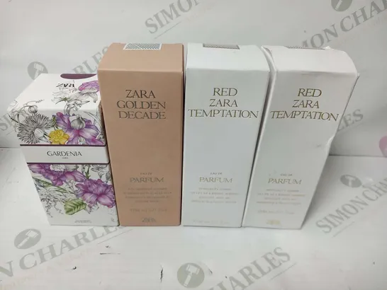 FOUR ASSORTED ZARA FRAGRANCES TO INCLUDE; DECADE, TEMPTATION AND GARDENIA