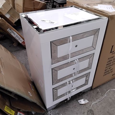 DESIGNER 3 DRAWER SIDE TABLE GLOSS WHITE WITH MIRRORED ACCENTS 