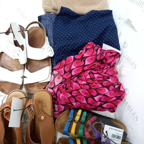 BOX OF APPROXIMATELY 15 ASSORTED CLOTHING ITEMS TO INCLUDE SHOES, DRESSES, TOPS ETC