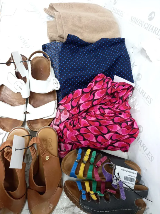 BOX OF APPROXIMATELY 15 ASSORTED CLOTHING ITEMS TO INCLUDE SHOES, DRESSES, TOPS ETC