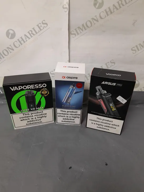 BOX OF APPROXIMATELY 20 ASSORTED E-CIGARATTES TO INCLUDE VAPORESSO, ASPIRE, VOOPOO ETC