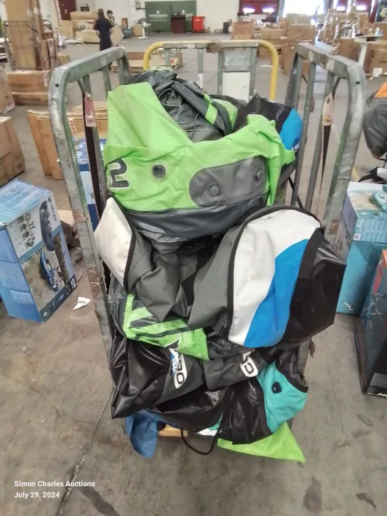 CAGE OF UNTESTED ASSORTED INFLATABLE KAYAKS AND ACCESSORIES 