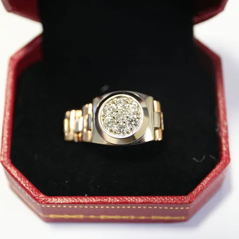 DESIGNER 18CT ROSE AND WHITE GOLD 'ROLEX' STYLE GENTS RING, SET WITH DIAMONDS WEIGHING +0.76CT