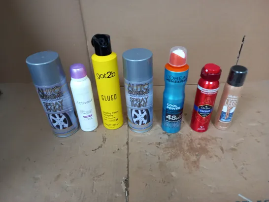 APPROXIMATELY 10 ASSORTED AEROSOLS TO INCLUDE GOT2B GLUED, SILVER WHEEL SPRAY PAINT, AND LOREAL COOL POWER ETC.