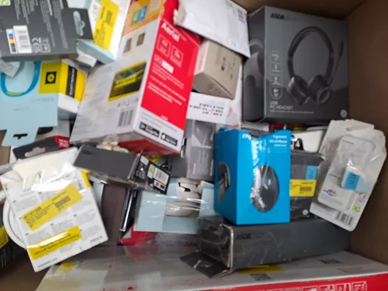 BOX OF APPROXIMATELY 50 ASSORTED ELECTRICAL ITEMS TO INCLUDE WIRELESS EARBUDS, WIRELESS CAR MOUNT, WIRELESS MOUSE, ETC