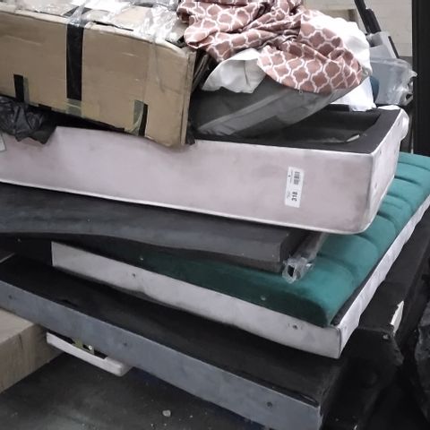 PALLET OF ASSORTED BED FURNITURE PARTS INCLUDING VELVET HEADBOARDS, SOFA SEAT CUSHIONS, BUNK BED PARTS