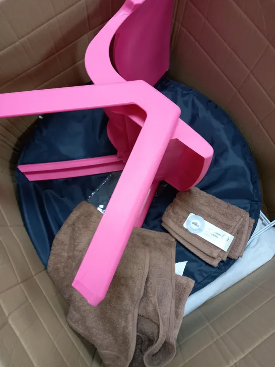 BOX OF APPROXIMATELY 5 ASSORTED ITEMS TO INCLUDE POP UP TENT, KIDS PINK CHAIR, TOWEL RAGS ETC