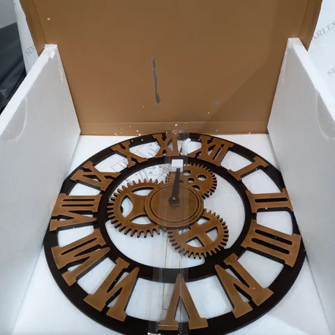 LARGE WOODEN CLOCK WITH ROMAN COG DESIGN 60CM BY 60CM