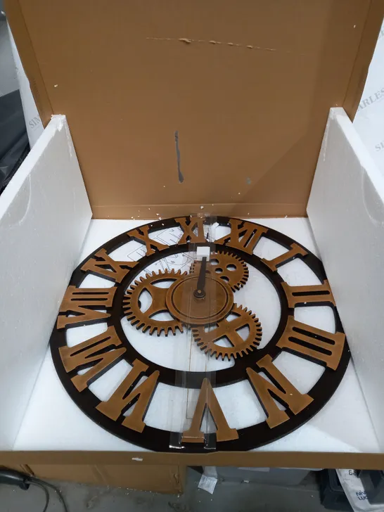 LARGE WOODEN CLOCK WITH ROMAN COG DESIGN 60CM BY 60CM