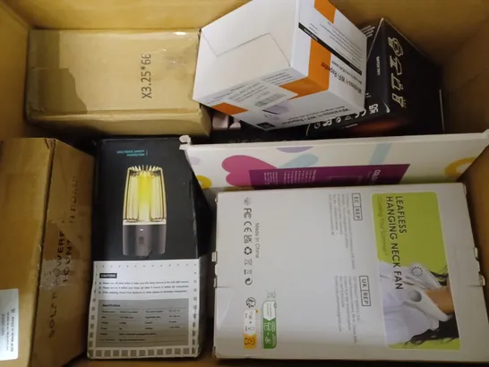 BOX OF APPROXIMATELY 15 ASSORTED HOUSEHOLD ITEMS TO INCLUDE NECK FAN, LED FAN, WIRELESS EARBUDS, ETC