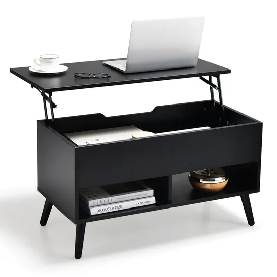 BOXED COSTWAY LIFT UP TOP COFFEE TABLE WITH HIDDEN STORAGE COMPARTMENT AND OPEN SHELF - BLACK