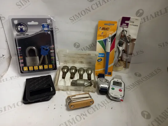 BOX OF APPROX 10 ASSORTED ITEMS INCLUDING PADLOCK, BIC PEN AND ALLEN KEY SET