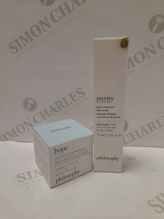 LOT OF 2 PHILOSOPHY PRODUCTS TO INCLUDE RENEWED HOPE IN A JAR FACE CREAM 60ML & PURITY PORE EXTRACTOR CLAY MASK 75ML