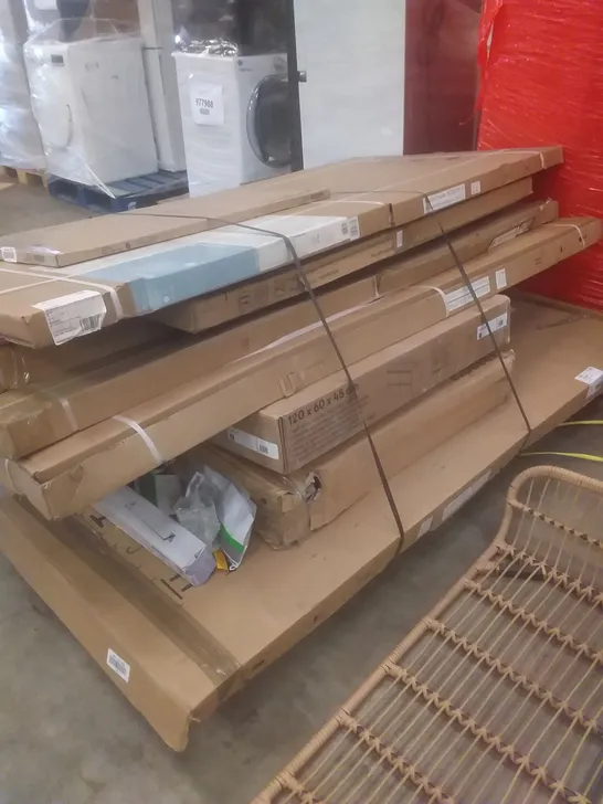 PALLET OF ASSORTED ITEMS INCLUDING SLIDING DOORS, BASIN CABINETS AND SIDE PANELS