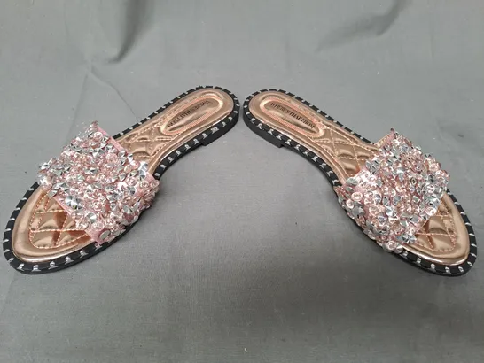 BOXED PAIR OF WHERE'S THAT FROM SLIDERS IN METALLIC ROSE GOLD W. JEWEL EFFECT EU SIZE 36