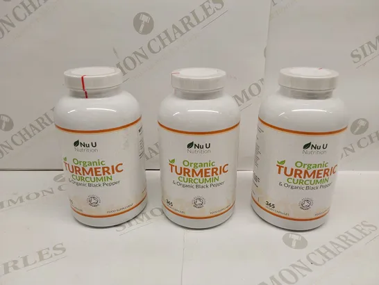 APPROXIMATELY 3 BOTTLES OF NU U ORGANIC TUMERIC CURCUMIN & ORGANIC BLACK PEPPER NUTRITION VEGAN CAPSULES - 365 CAPSULES PER BOTTLE // BEST BEFORE: 07/26