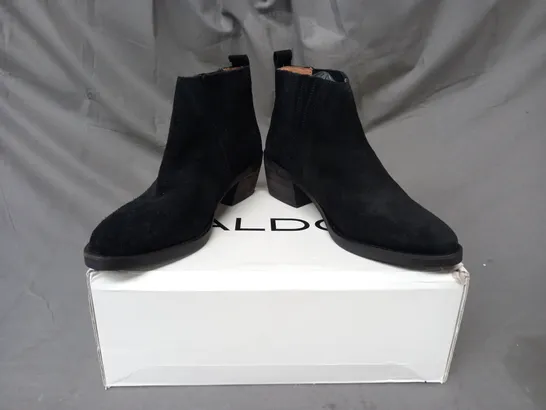 BOXED PAIR OF ALDO EDAECIA SUEDE ANKLE BOOTS IN BLACK EU SIZE 36