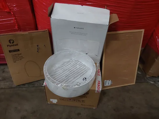 LARGE PALLET OF ASSORTED HOUSEHOLD PRODUCTS TO INCLUDE; PIPISHELL TOILET SEAT, NAVARIS CEILING LAMP, DONYER POWER PATIO HEATER AND NOTICE BOARD