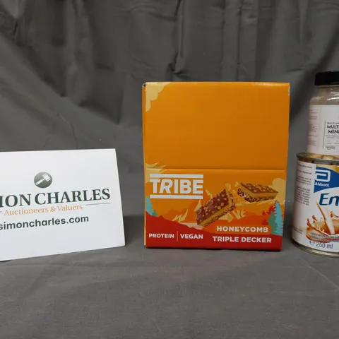 APPROXIMATELY 5 ASSORTED FOOD AND DRINK ITEMS TO INCLUDE TRIBE PROTEIN BARS, MULTIVITAMIN CAPSULES, ABBOT ENSURE, ETC