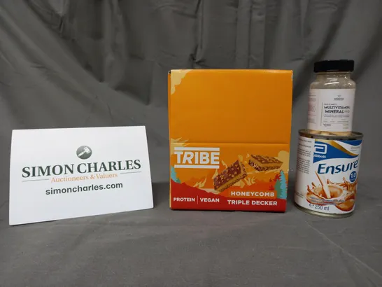 APPROXIMATELY 5 ASSORTED FOOD AND DRINK ITEMS TO INCLUDE TRIBE PROTEIN BARS, MULTIVITAMIN CAPSULES, ABBOT ENSURE, ETC