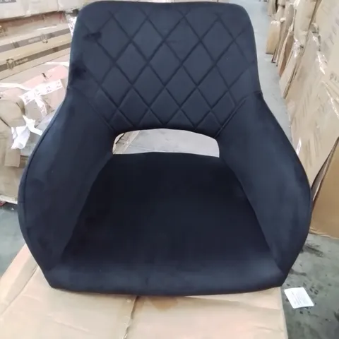 A BOXED PAIR OF BLACK VELVET UPHOLSTERED OPEN BACK DINING ROOM CHAIRS 