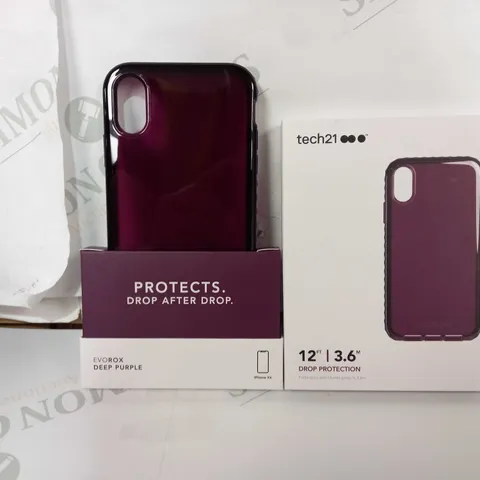 BOX OF 90 BRAND NEW TECH 21 12FT DROP PROTECTION EVOROX DEEP PURPLE IPHONE XR PHONE CASES (BOX WATER DAMAGED) 