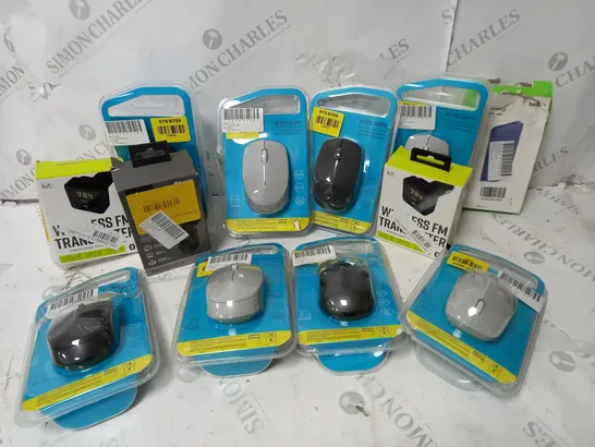 APPROXIMATELY 12 ASSORTED ELECTRICALS ITEMS TO INCLUDE RAPOO M100 SILENT MOUSES, KIT WIRELESS FM TRANSIMTTER, KITSOUND EARBUDS, ETC