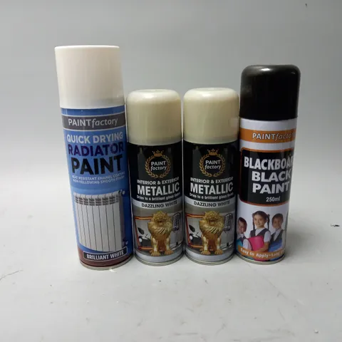 BOX OF APPROX 25 ASSORTED SPRAY PAINT CANS TO INCLUDE - BLACKBOARD PAINT - RADIATOR PAINT - METALLIC DAZZLING WHITE 