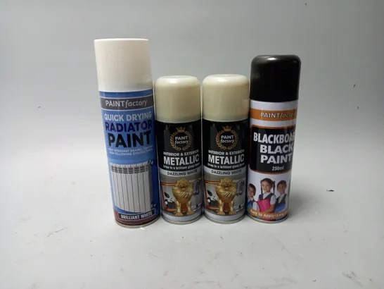 BOX OF APPROX 25 ASSORTED SPRAY PAINT CANS TO INCLUDE - BLACKBOARD PAINT - RADIATOR PAINT - METALLIC DAZZLING WHITE 