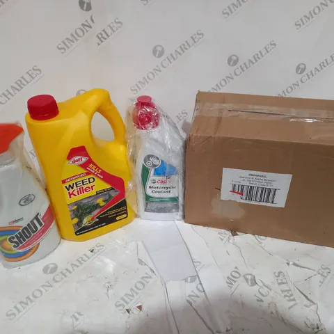 BOX OF 4 ASSORTED LIQUIDS TO INCLUDE: WEED KILLER, MOTORCYCLE COOLANT ETC COLLECTION ONLY 