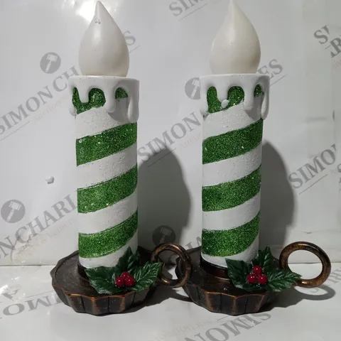 BOXED OUTLET MR CHRISTMAS SET OF 2 RESIN CHAMBER CANDLE STICKS