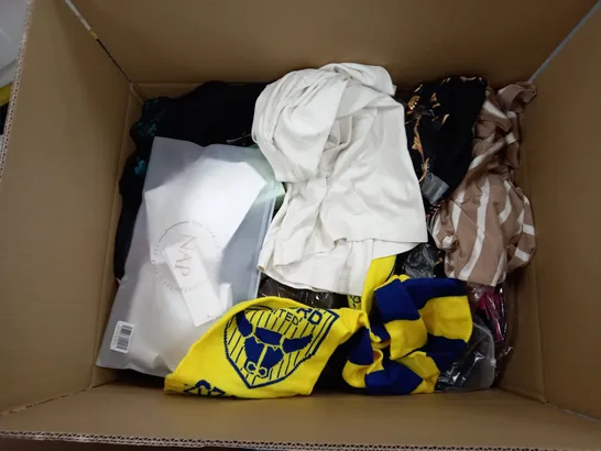 LARGE BOX OF ASSORTED CLOTHING ITEMS IN VARIOUS COLOURS AND SIZES INCLUDING TROUSERS , TOPS AND JUMPERS 