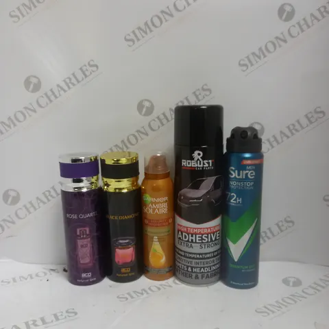 BOX OF APPROX 15 ASSORTED AEROSOLS TO INCLUDE - ROBUST CAR PARTS HIGH TEMP ADHESIVE - SURE MEN QUANTUM DRY - ACO BLACK DIAMOND ECT