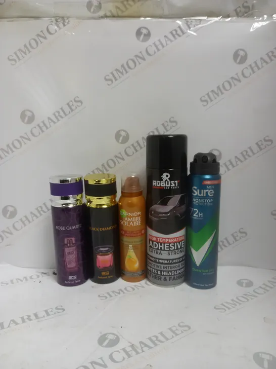 BOX OF APPROX 15 ASSORTED AEROSOLS TO INCLUDE - ROBUST CAR PARTS HIGH TEMP ADHESIVE - SURE MEN QUANTUM DRY - ACO BLACK DIAMOND ECT