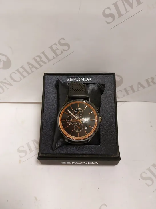 SEKONDA ROSE GOLD EFFECT/BLACK WATCH WITH LEATHER EFFECT STRAP