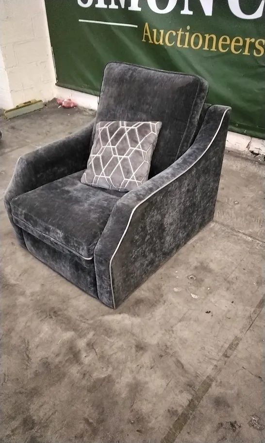 DESIGNER DARK GREY FABRIC ARMCHAIR WITH PATTERNED CUSHION