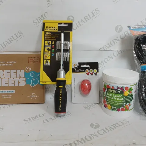 BOX OF APPROXIMATELY 10 ASSORTED ITEMS TO INCLUDE - EGG TIMER - STANLEY FATMAX SCREWDRIVER - PREPSAF ETC