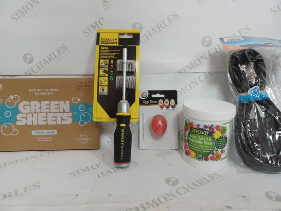 BOX OF APPROXIMATELY 10 ASSORTED ITEMS TO INCLUDE - EGG TIMER - STANLEY FATMAX SCREWDRIVER - PREPSAF ETC