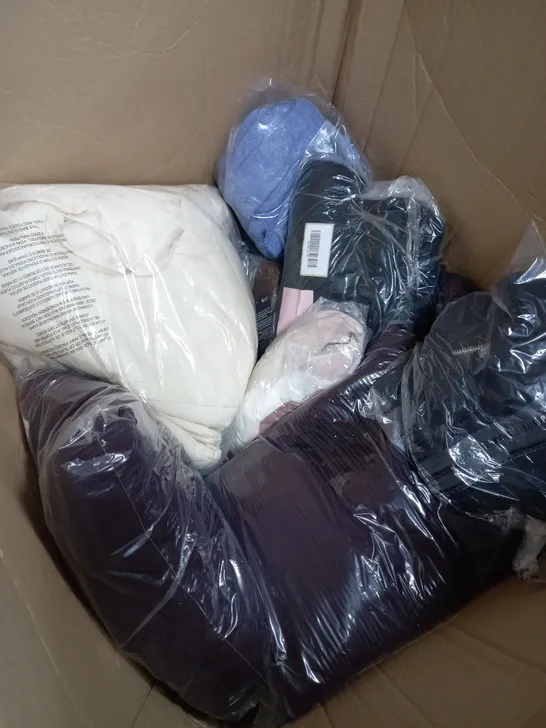 BOX OF ASSORTED CLOTHING ITEMS TOO INCLUDE BAGS , TOPS, AND TROUSERS   ETC. 