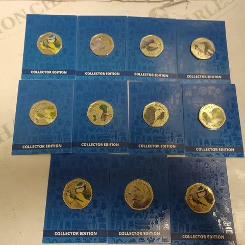 BOX OF APPROX 10 WESTMINSTER COLLECTABLE 50P COINS - BIRDS INCLUDING MAGPIE, BLUE TIT AND MOORHEN